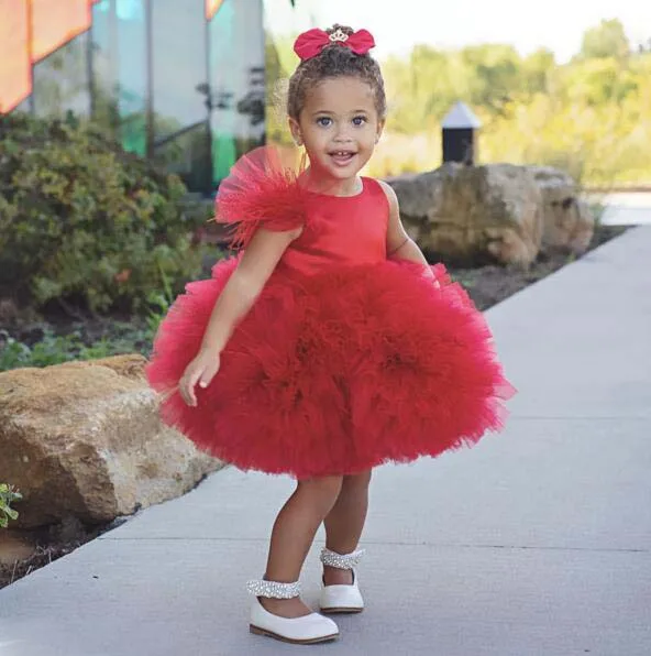 Red short Puffy tulle Ruffles flower girl dresses for party Christmas knee length sleeveless baby infant tutu 1st birthday gown | Детская
