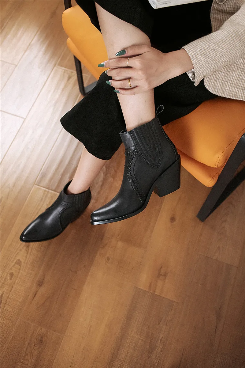 FEDONAS Women High Heels Ankle Boots Autumn Winter Genuine Leather Motorcycle Chelsea Boots Fashion Party Dancing Shoes Woman