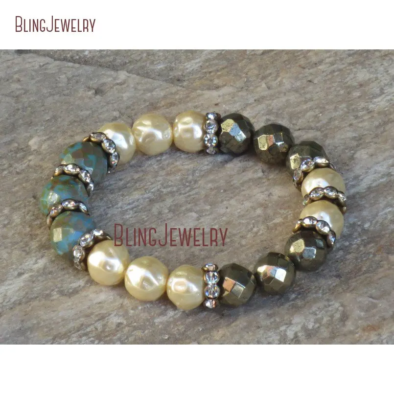 Эластичный браслет в стиле бохо хиппи Чешский Бирюзовый жемчуг кристаллы пирита