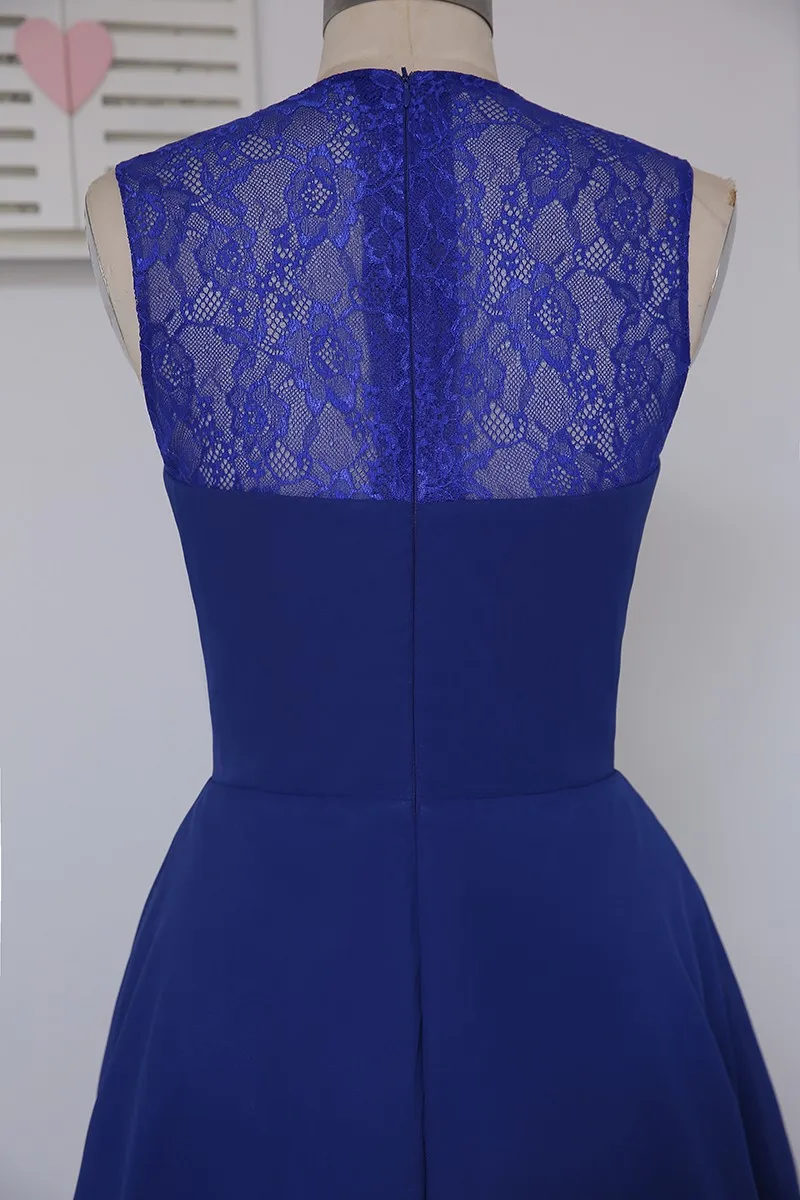 

Royal Blue Bridesmaid Dresses Under 50 A-line Scoop Short Mini Chiffon Lace Wedding Party Dresses