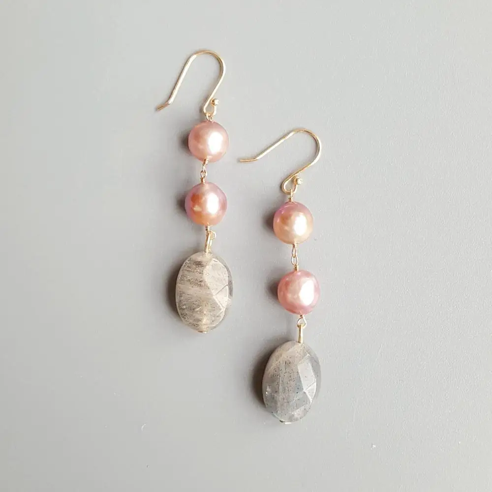 

Lii Ji Purple Freshwater Pearl Labradorite Beads Earrings 925 Sterling Silver 18K Gold Plated Hook Handmade Drop Earrings