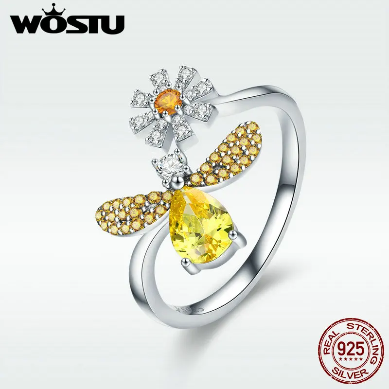 WOSTU, 925 пробы, серебряная пчела с ромашками, регулируемые Открытые Кольца для женщин, вечерние и свадебные 925, ювелирное изделие, подарок CQR348
