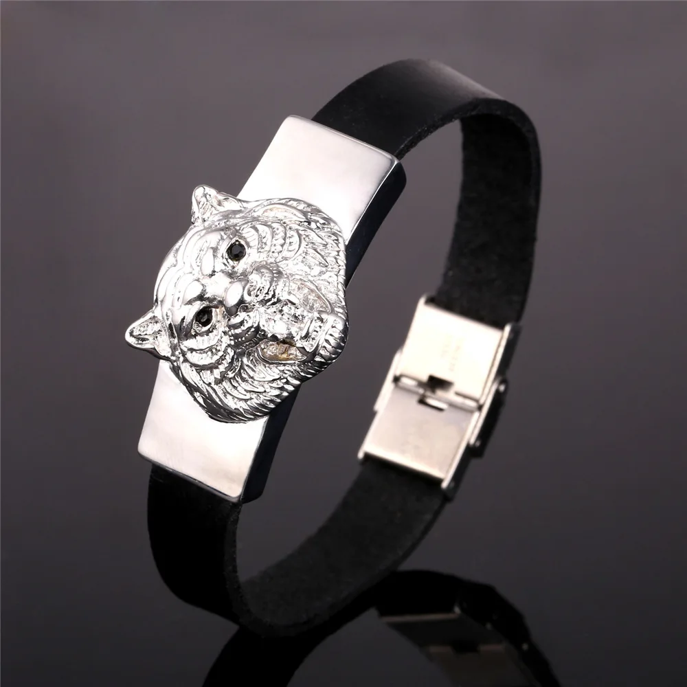 Мужской браслет из натуральной кожи с подвесками тигра нержавеющей стали