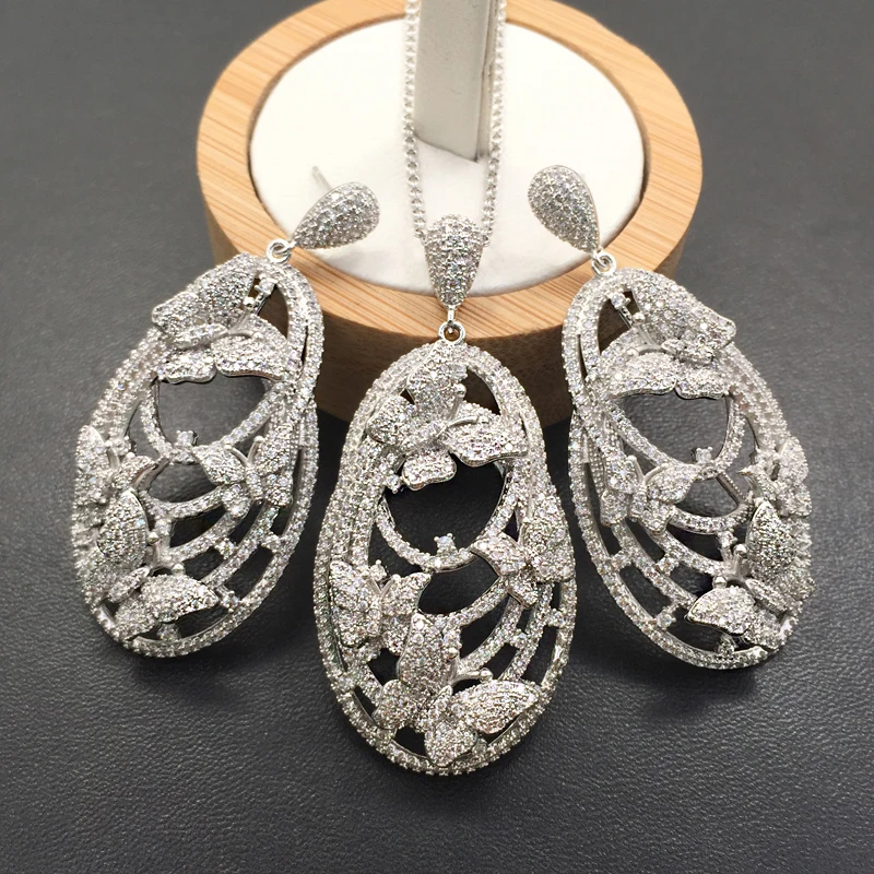 Люксовый набор ювелирных изделий Lanyika с большой вырезанной бабочкой, круглым полным циркониевым микропокрытием и ожерельем с серьгами для свадьбы и невесты - лучший подарок.