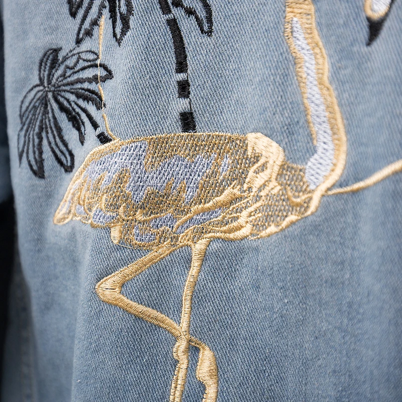 Женская свободная джинсовая куртка с вышивкой Фламинго Модная Джинсовая