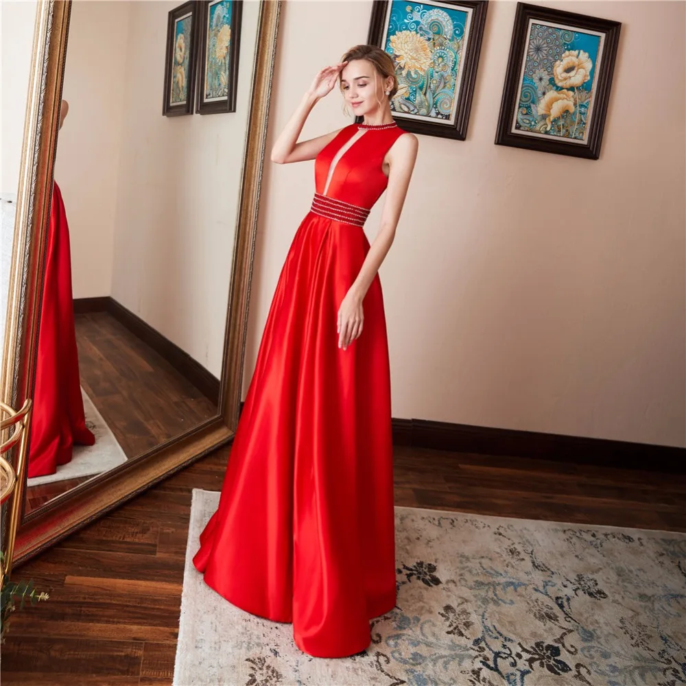 Красное платье для выпускного JaneVini длинные элегантные Сатиновые бисерные