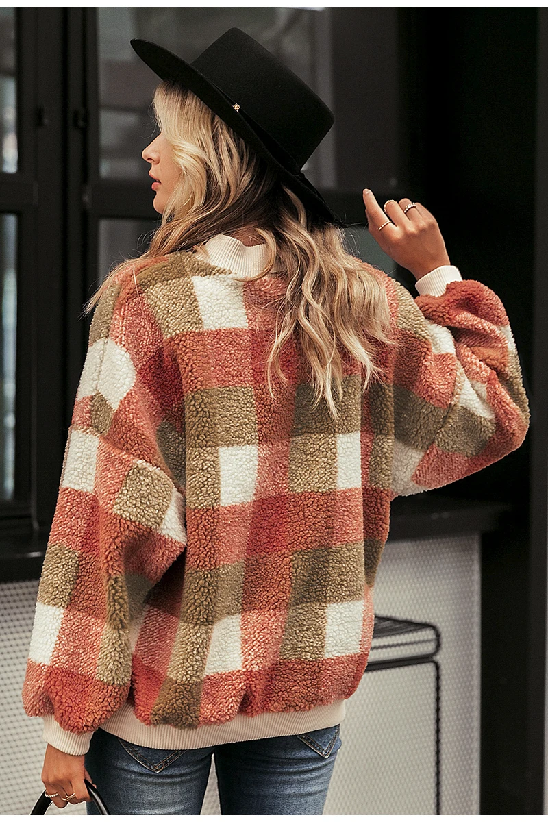 Simplee Casual lambswool plaid women hoodies sweatshirts O neck pullover loose female sweatshirt Autumn winter ladies warm coat
