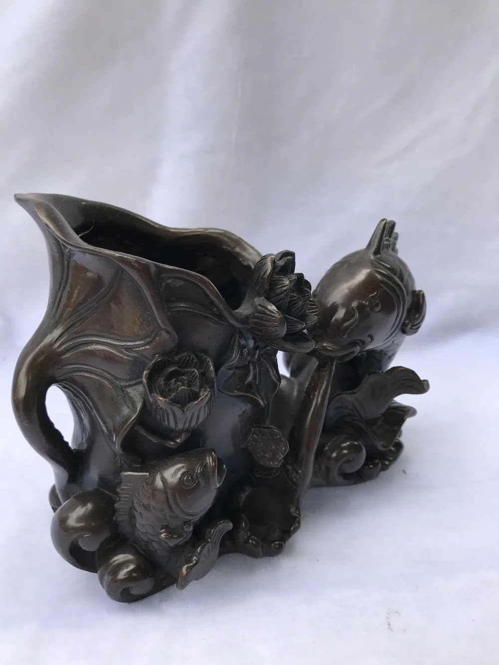 Old Chinese fengshui bronze Auspicious Fish Gourd Lucky Brush Pot pencil vase | Дом и сад