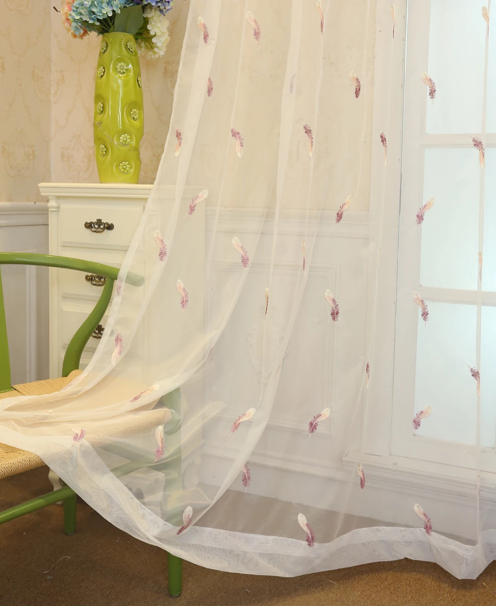 Feather Mesh Fabric Embroidered Tulle Curtains Living Room White Curtain Bedroom Bay Window Reday Made Curtain P056D3
