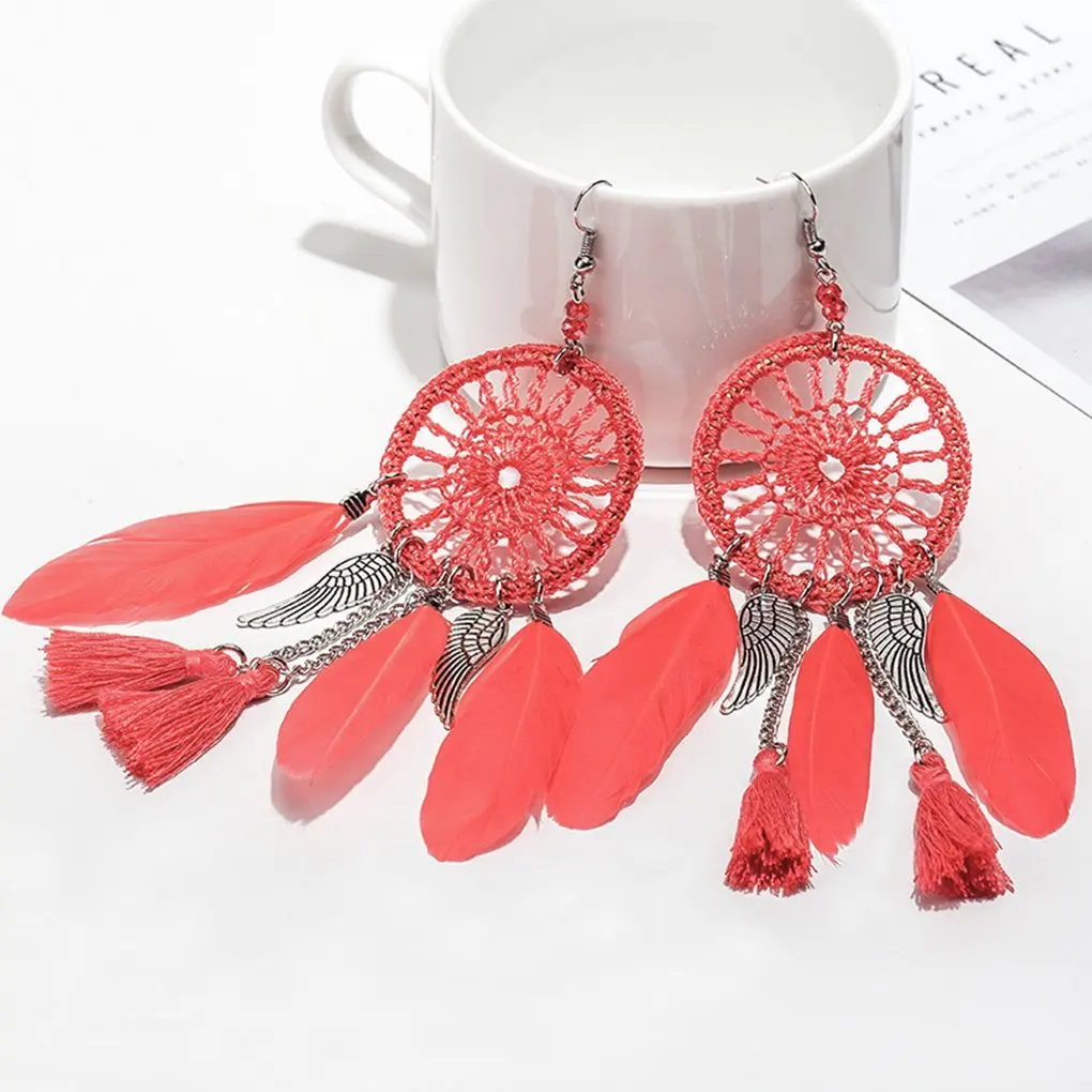 Retro Women's Feather Dreamcatcher Tassel Dangle Hook Earrings Jewelry | Украшения и аксессуары