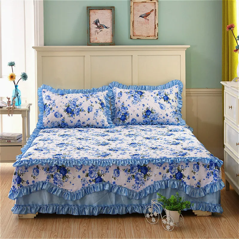 

Korean Bed Skirt Set Thicken Bed Cover Bedspread 100%Cotton Quilted Lace Bedclothes Pastoral Flower 3pcs Full Double King