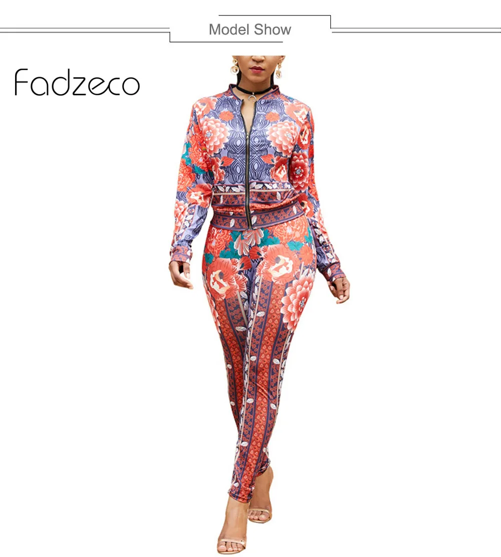 Fadzeco африканская одежда для женщин комплект из 2 предметов Повседневная куртка с длинными рукавами и цветочным принтом пальто Топ Брюки спортивные костюмы Комбинезоны