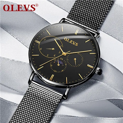 steel black OLEVS ультра-тонкие мужские часы, мужские кожаные кварцевые часы с фазой Луны, мужские роскошные брендовые водонепроницаемые Бизнес часы, мужские часы - Цвет: steel black