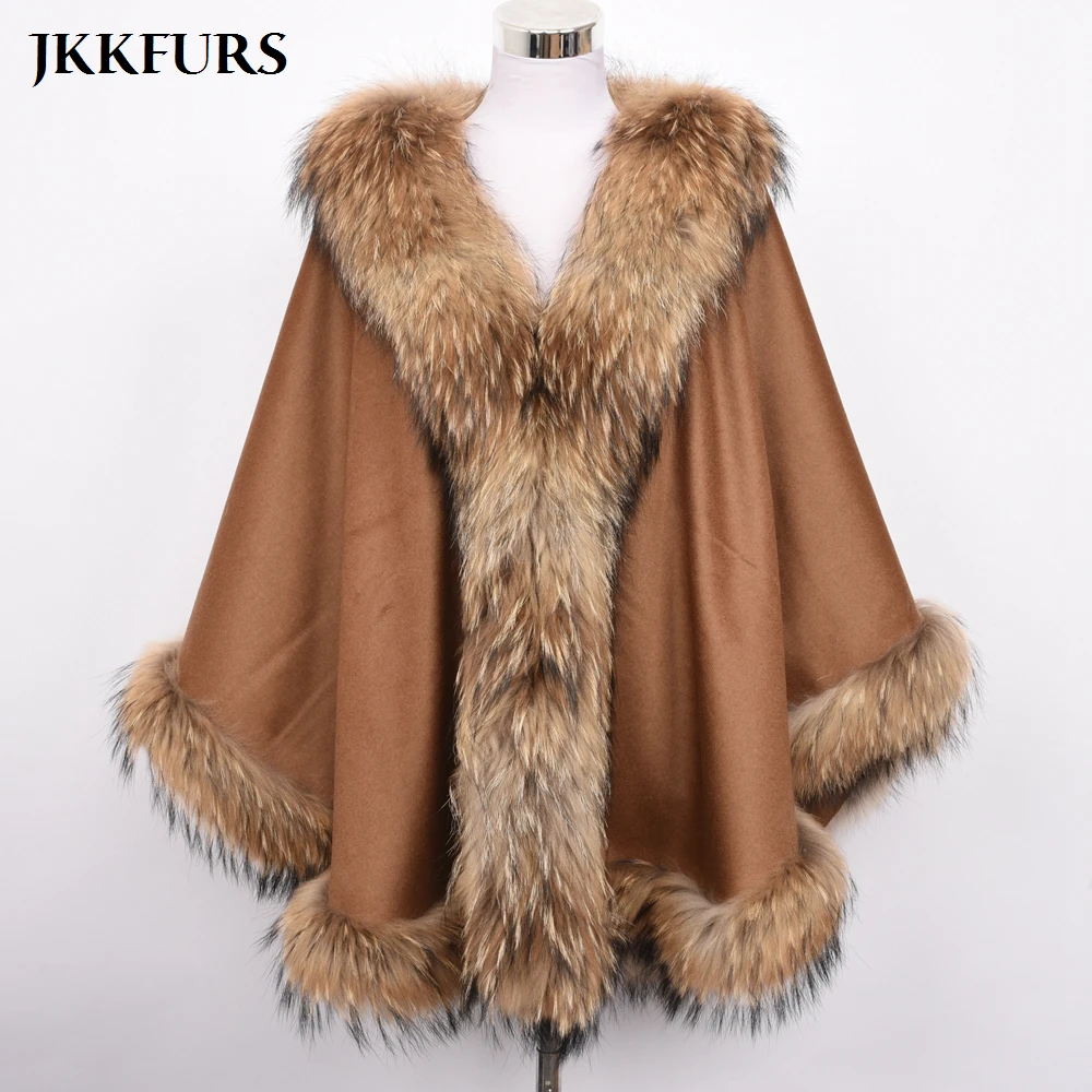 Женское кашемировое пончо с отделкой и воротником из меха енота длинная теплая