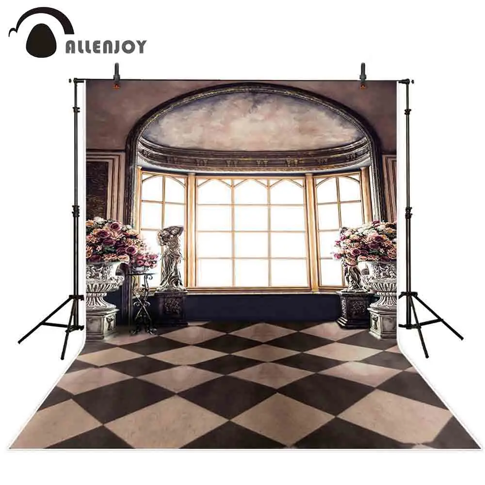 

Allenjoy photography photocall vintage window flower pot bright indoor black white damask floor fond studio photo backdrops