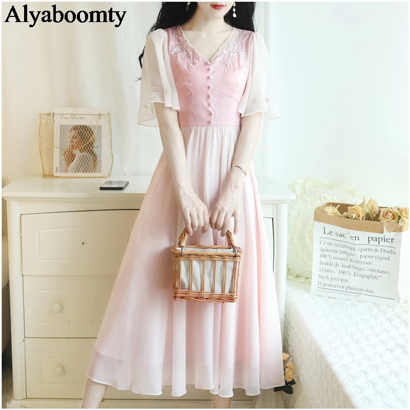 Летняя женская винтажная одежда в китайском стиле с v-образным вырезом Цветочная