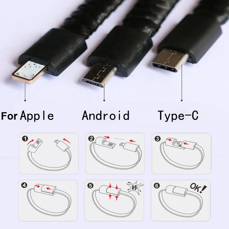 Портативный кожаный Мини Micro USB браслет зарядное устройство данных зарядный кабель синхронизации для iPhone6 6s Android type-C телефонный кабель