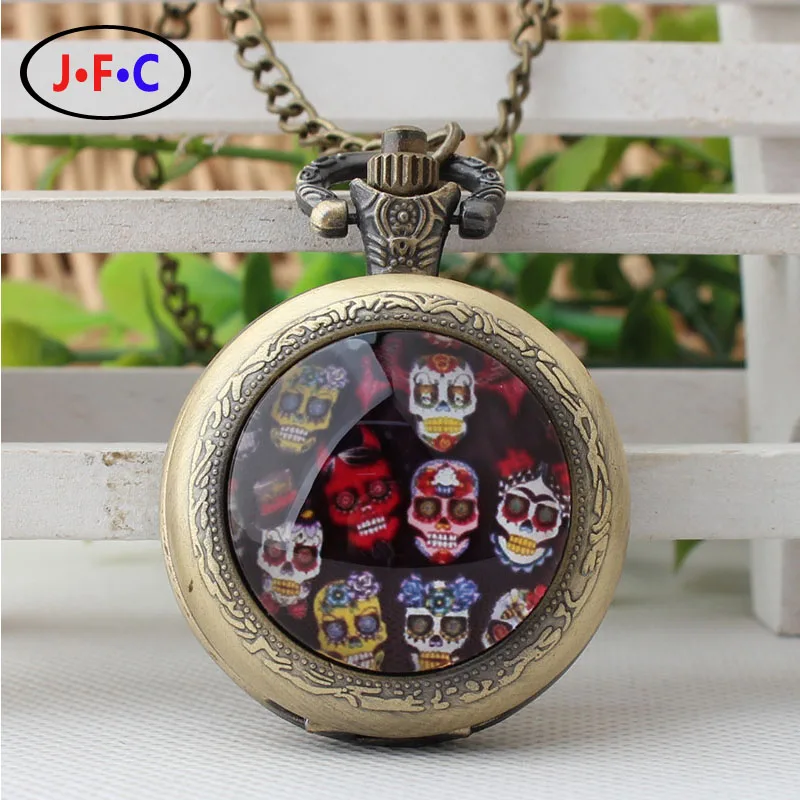 2017 новый цветок череп патч карманные часы классический старый бронзовый