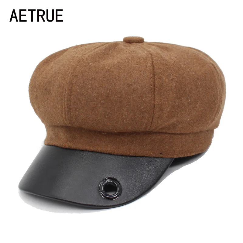

AETRUE Newsboy Winter Women Octagonal Hats Cap Female Hats For Women Girl Leather Blank Boina Flat Berets PU Octagonal Caps Hat