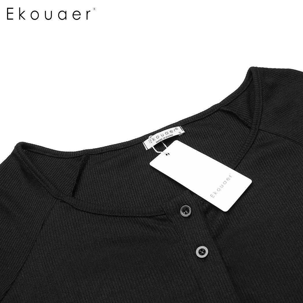 Женский пижамный комплект Ekouaer однотонный топ с круглым вырезом и длинными