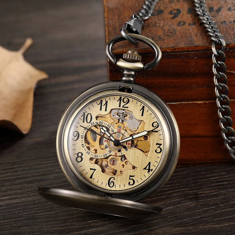 Бронзовые Гладкие Черные полые механические карманные часы Мужские с римскими