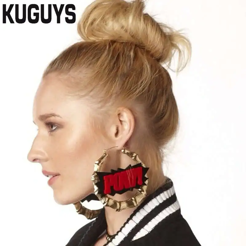 KUGUYS Модные Акриловые украшения золотые Бамбуковые большие серьги кольца для