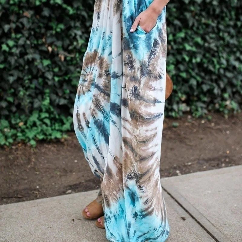 Для женщин модные пикантные Спагетти ремень Tye Dye хиппи шик длинное платье миди