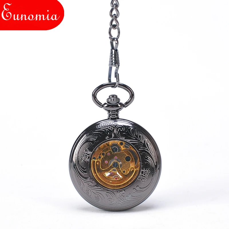 Механические карманные часы с автоподзаводом круглые черные винтажные наручные