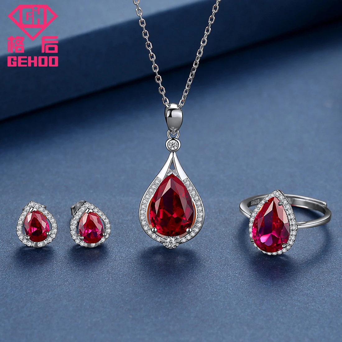 Silver GEHOO 925 пробы серебряные ювелирные изделия набор рубиновый проложили CZ подвеска в виде капли воды ожерелье s Женщины Шарм ожерелье серьги гвоздики кольцо - Цвет камня: Silver