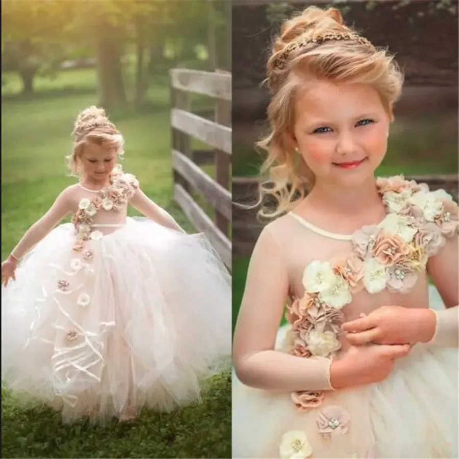 New Flower Girl Dress For Wedding with 3D Floral Appliques Beading Pageant Gowns O-Neck Long Sleeves Custom Made Princess | Свадьбы и