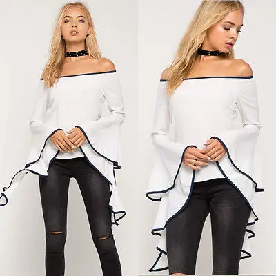 Женская блузка с открытыми плечами длинными рукавами и асимметричными оборками