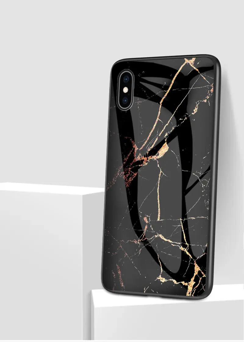 Черный Роскошный Мраморный стеклянный чехол для телефона s для iPhone X XS Max XR, чехол с мягкими краями из закаленного стекла для iPhone 8, 7, 6, 6s Plus, 8 Plus, чехол - Цвет: Черный