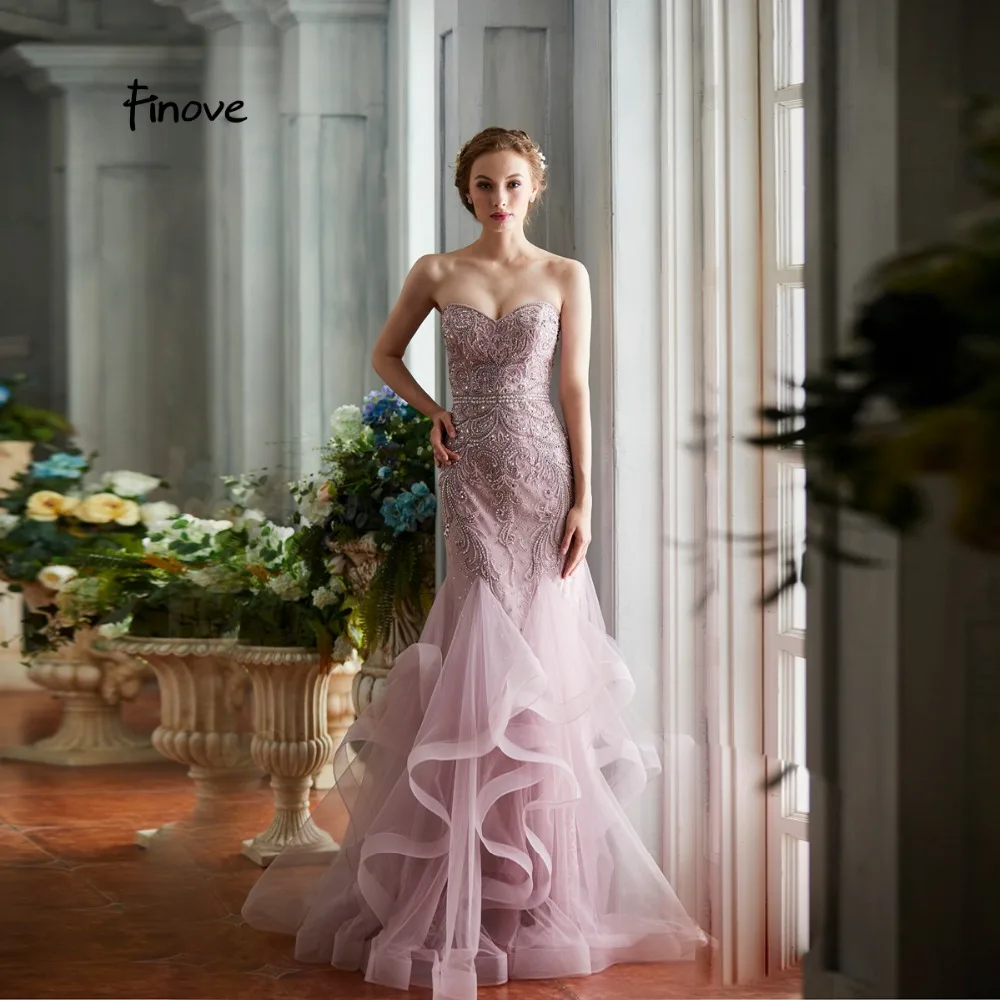 Finove Mermaid Evening Dress 2020 Sexy Strapless Lace-Up Gorgeous Beading Ruffles Train Floor Length Long Party Gown For Woman | Свадьбы и