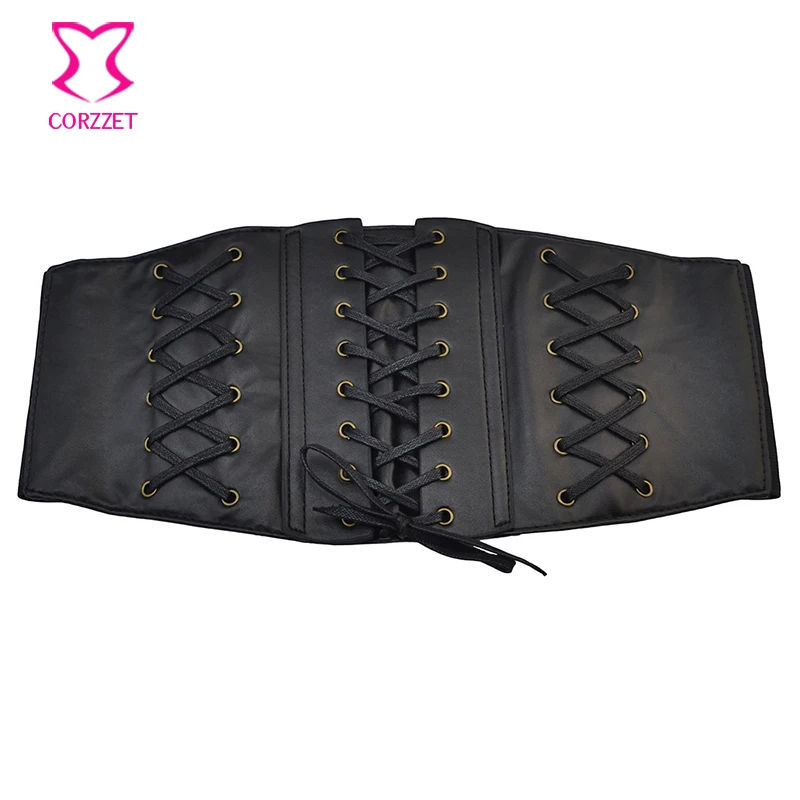 Женский широкий пояс из искусственной кожи Черный винтажный со шнуровкой