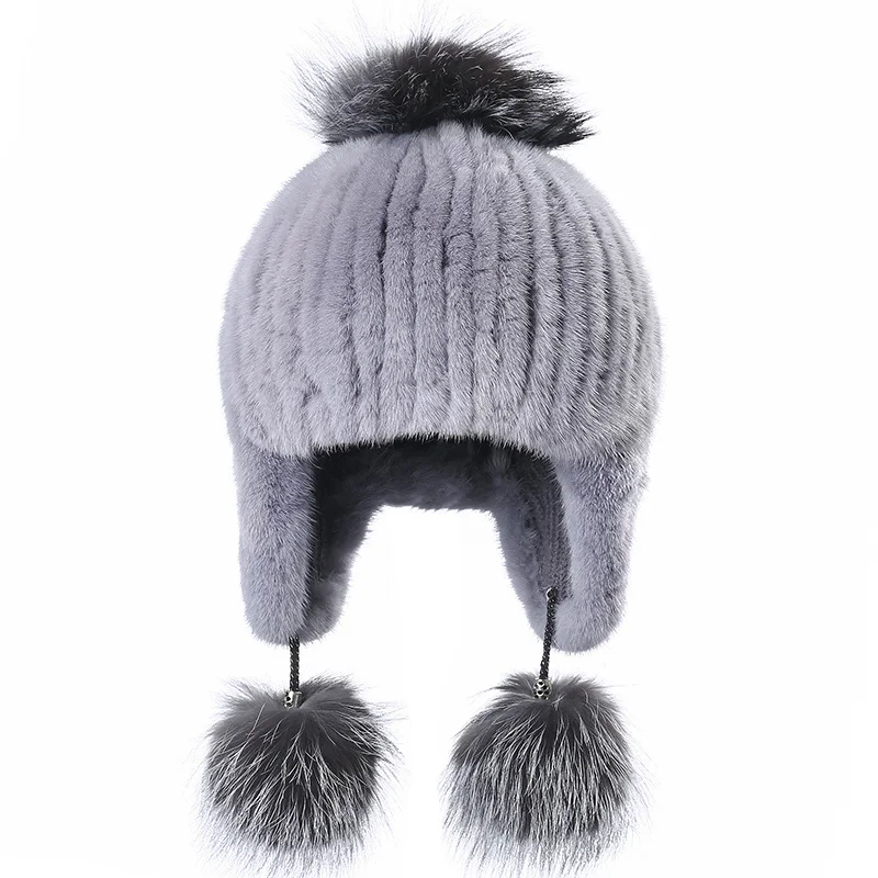 Женские зимние шапки Вязаная Шапка бини с шариком из лисьего меха женский