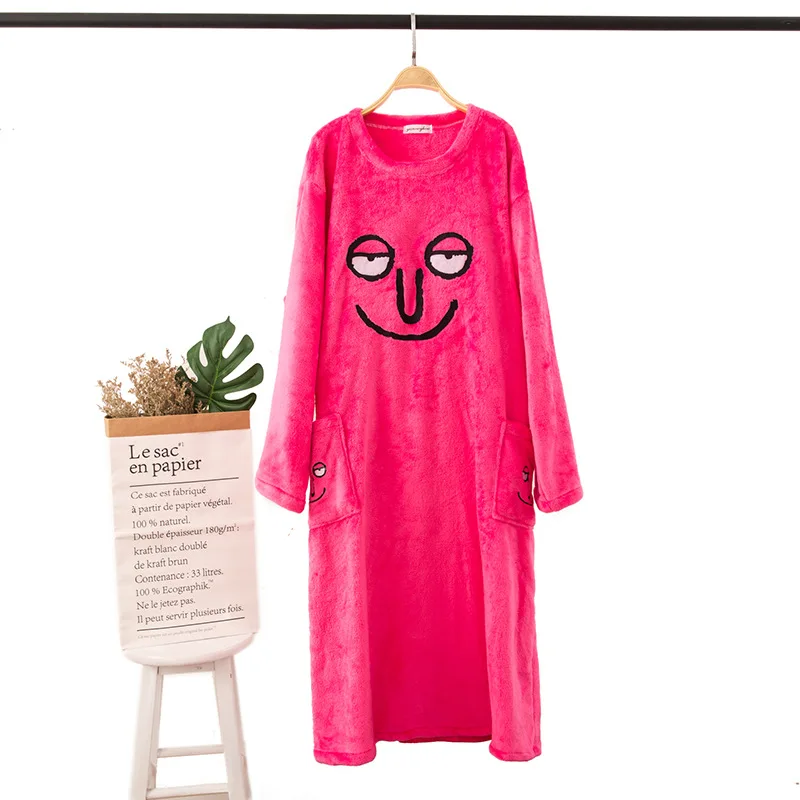 Rose Pink Плюс Размеры Для женщин теплые зимние фланелевые ночные рубашки длинный рукав Круглый Шеи Милые Print Nightdress Повседневное Домашняя одежда 115 кг - Цвет: Rose Pink