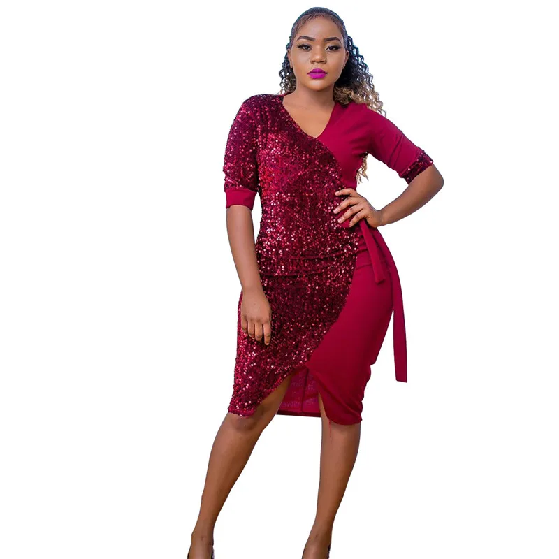 Женское платье с блестками и v образным вырезом коротким рукавом|Женские платья| |