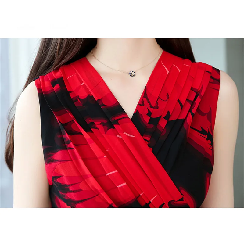 

Summer Chiffon Print Dress Women Black Red M-4XL Long Dress 2019 New Korean Office Elegant V Neck Slim Sexy Dress Vestidos LD929