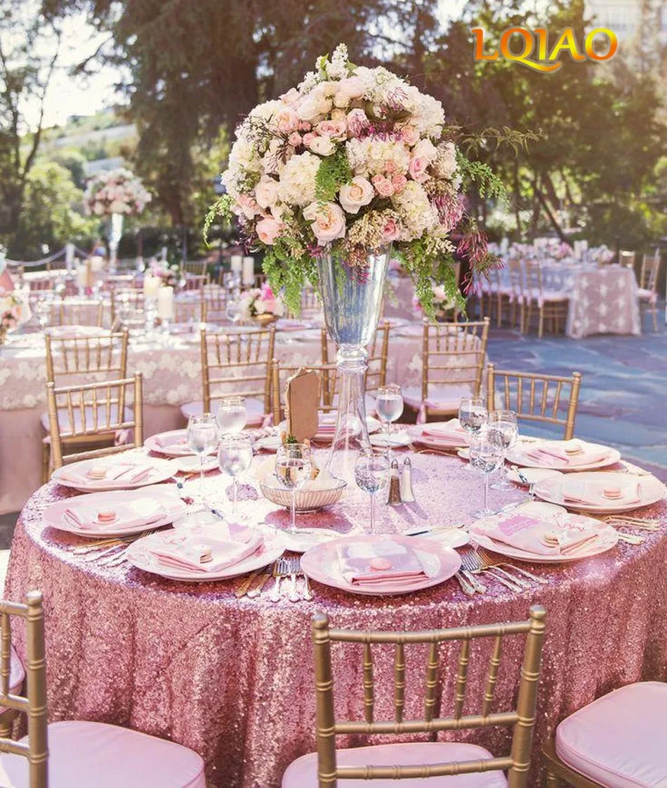 Оптовая продажа розовая приблизительная круглая скатерть с блестками 132 дюйма