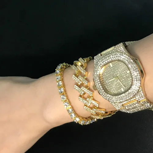 Rose Gold Color Мужские часы в стиле хип-хоп золотистого цвета, Роскошные мужские часы и браслет из золотистого и серебристого цветов, часы в Кубинском стиле с кристаллами и цепочкой в стиле хип-хоп для мужчин - Metal Color: Rose Gold Color