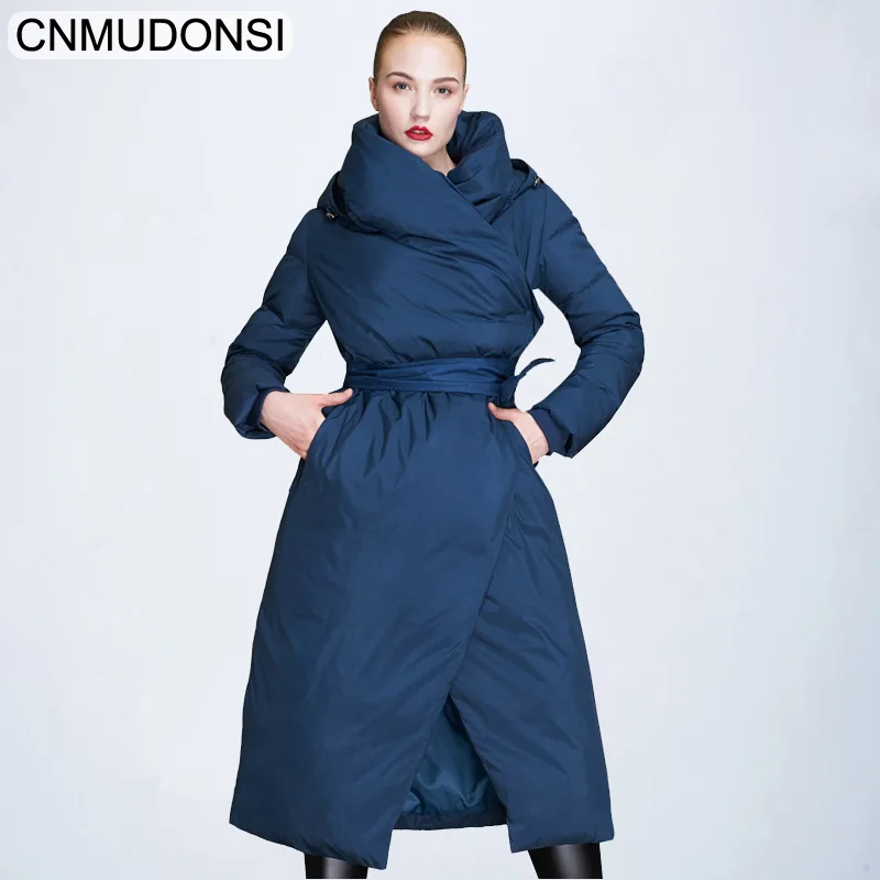 EF18058Blue CNMUDONSI, высокое качество, зима, модная Новая женская однотонная куртка с капюшоном, Регулируемая Талия, на шнуровке, индивидуальная длинная теплая куртка - Цвет: EF18058Blue