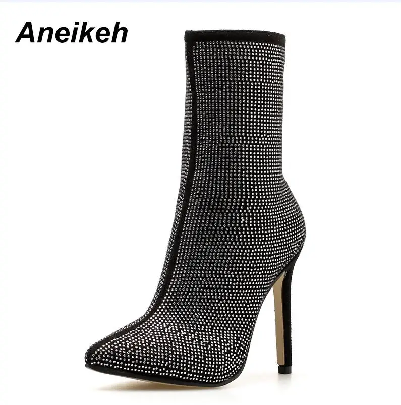 Black Aneikeh; сезон осень; обувь с блестками; высококачественные женские ботильоны; стразы; острый носок; тонкий каблук; ботинки «Челси»; Размеры 35-40 - Цвет: Black