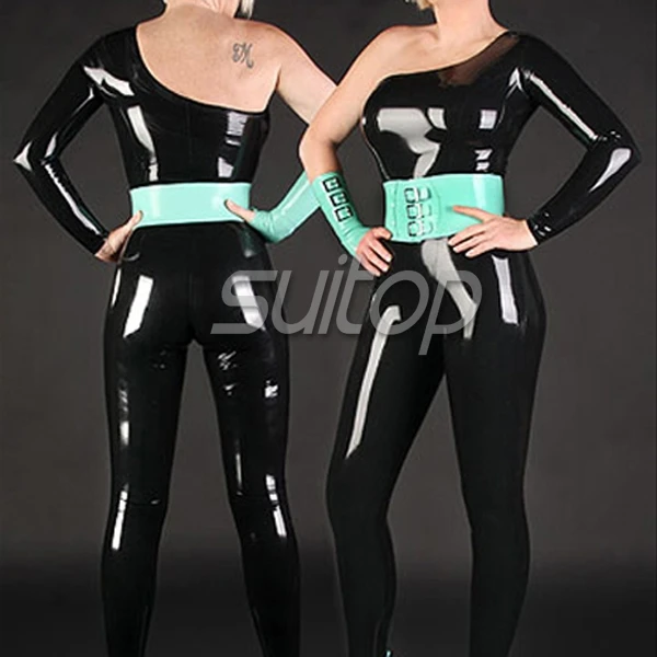 

Special design 100% nature latex catsuit with single sleeve sexy latex glove rubber latex girdling