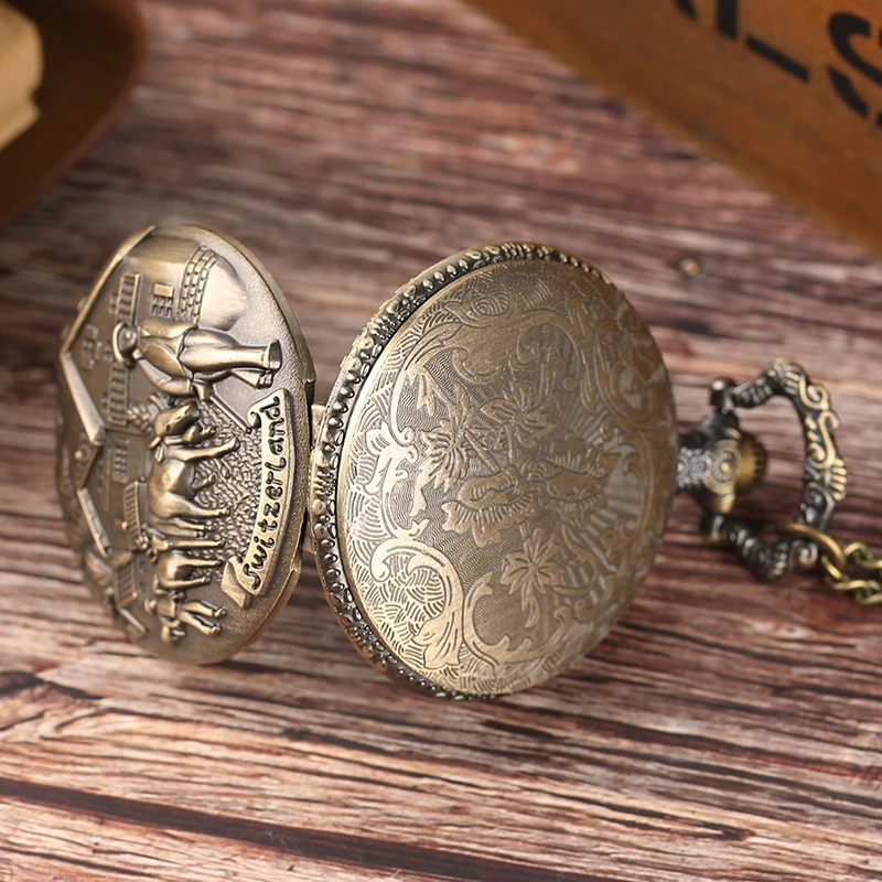Switzerland Pastoral Cows Buffalos Pocket Watch Farmers Life Necklace Chain Souvenior Clock Special Peasant Family Friends Gifts | Наручные