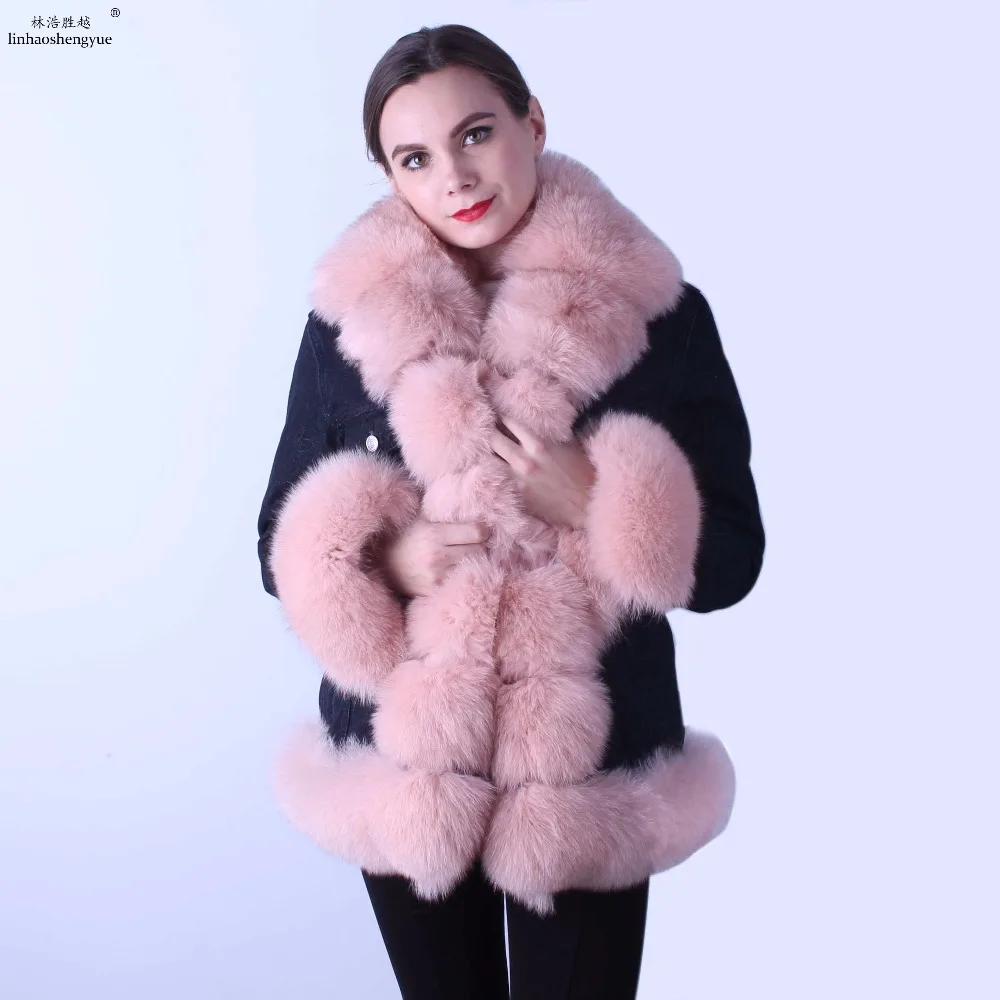 Женская джинсовая куртка Linhaoshengyue Воротник из натурального Лисьего меха