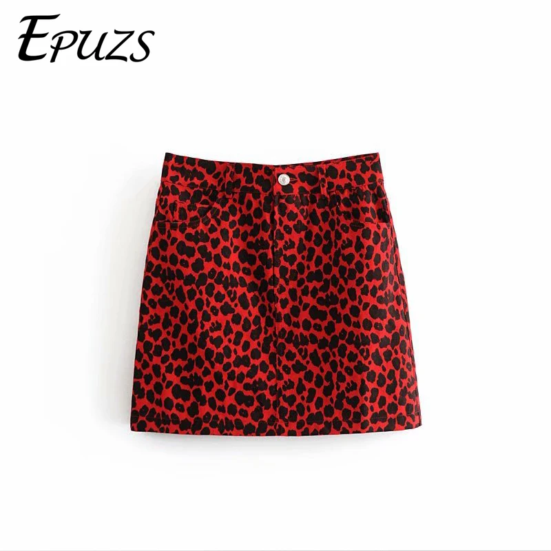 Летняя джинсовая юбка с высокой талией Женская леопардовая Повседневная красная