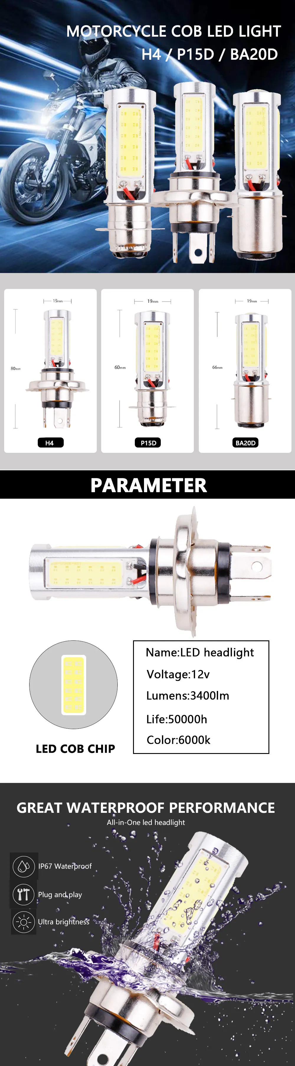 RXZ P15D H6M BA20D COB фара мотоцикла DC12V PX15D фара для мотоцикла, белый цвет