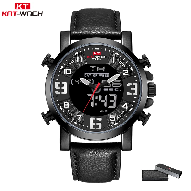 KT1818black KT мужские часы подарки для мужчин аналоговые цифровые Мужские часы с кожаным ремешком повседневные водонепроницаемые часы с хронографом для дайвера модные 1845 - Цвет: KT1818black
