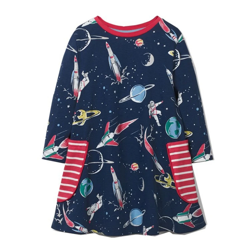 Spring autumn European American brand children Spaceship planet printing clothing knit girl dress long sleeve striped kids | Детская