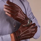 Мужские перчатки из натуральной овечьей кожи, однотонные кожаные перчатки с пуговицами на запястье, модные мужские зимние теплые перчатки для вождения